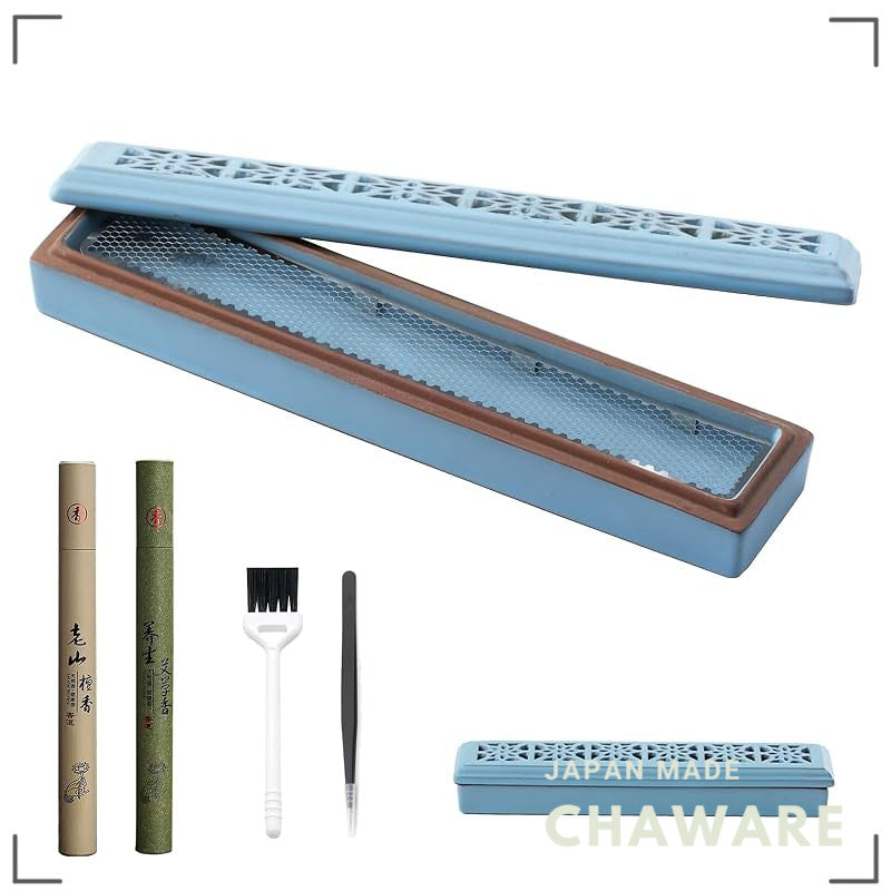 Ceramic Horizontal Coffin-Style Incense Holder with Ash Catcher & Stainless Mesh — Safe Lying Stick Incense Burner for M