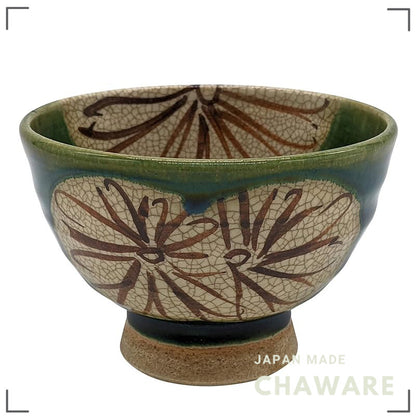 Seto Ware Oribe Green Chrysanthemum Rice Bowl, 12cm Raised-Foot — Made in Japan
