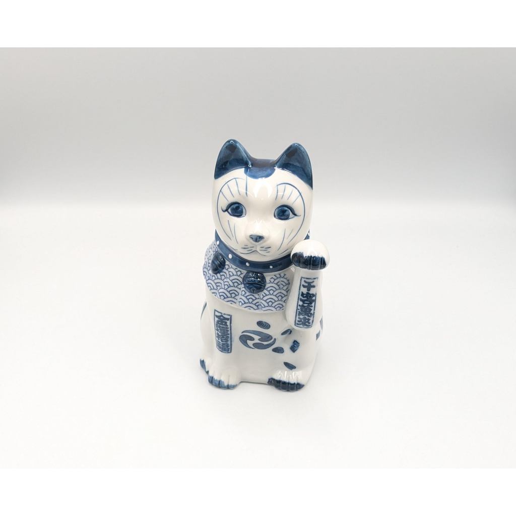 Japanese Seto Ware Blue-and-White Porcelain Maneki Neko Lucky Cat Left Paw Raised Home Decor