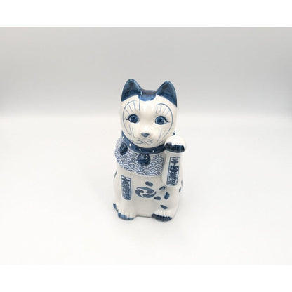 Japanese Seto Ware Blue-and-White Porcelain Maneki Neko Lucky Cat Left Paw Raised Home Decor