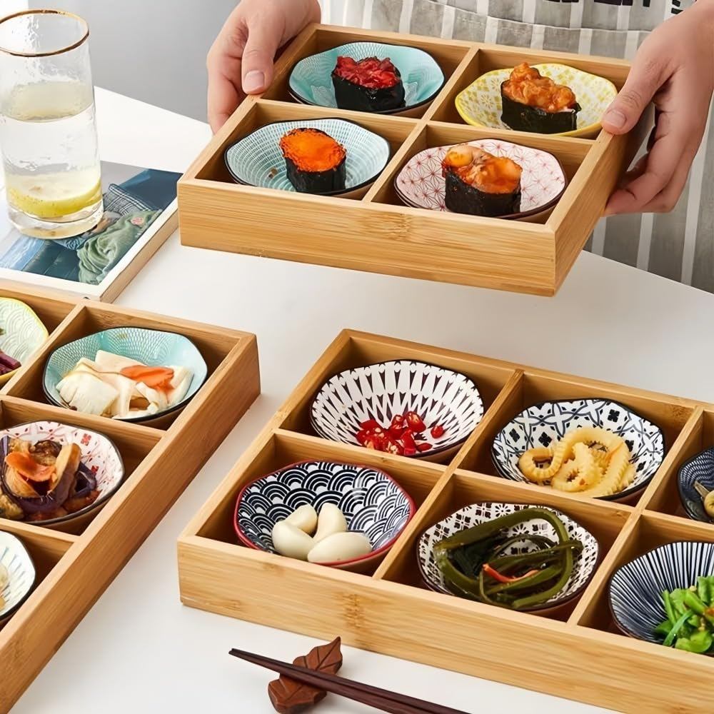 ZanLore Japanese Ceramic Small Plate Set with Bamboo Divided Tray – Lightweight Multi-Purpose Condiment, Soy Sauce & Appetizer Dishes for Home and Restaurant