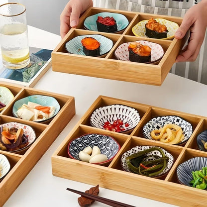 ZanLore Japanese Ceramic Small Plate Set with Bamboo Divided Tray – Lightweight Multi-Purpose Condiment, Soy Sauce & Appetizer Dishes for Home and Restaurant