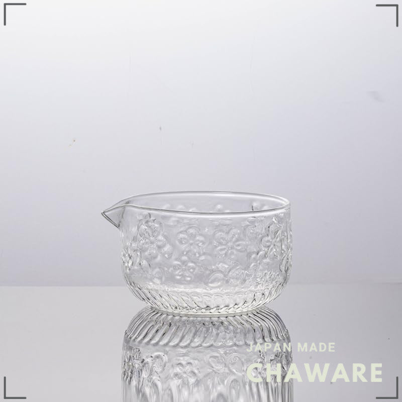 MiniMood Heat-Resistant Glass Matcha Bowl, Traditional Tea Ceremony Utensil, Clear Floral Design