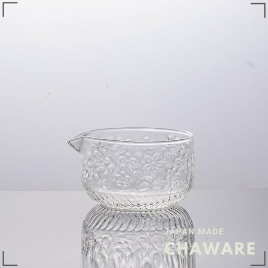 MiniMood Heat-Resistant Glass Matcha Bowl, Traditional Tea Ceremony Utensil, Clear Floral Design