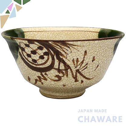 Seto Ware "Kato Rokubei" Oribe Mado-Tsuru Ceramic Rice Bowl & Teacup - Made in Japan