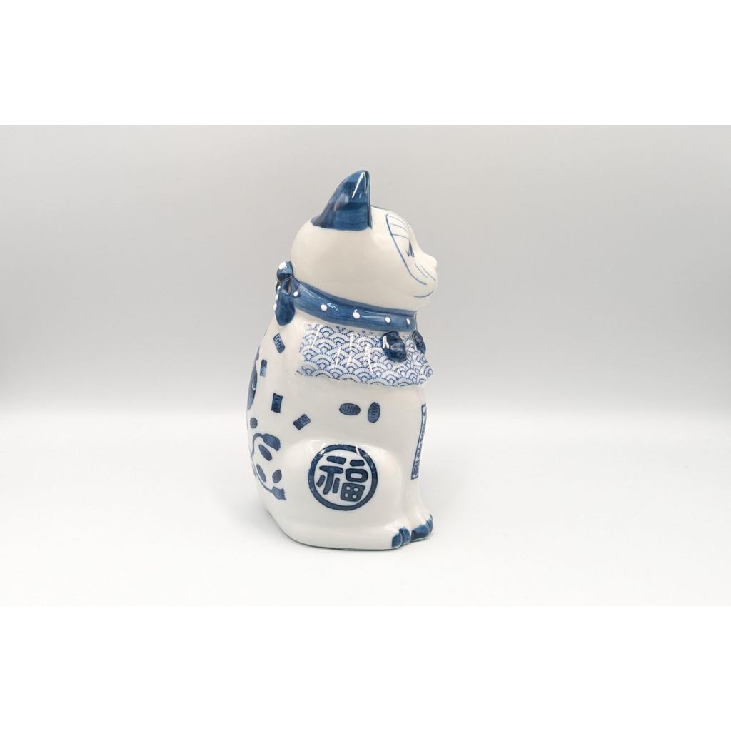 Japanese Seto Ware Blue-and-White Porcelain Maneki Neko Lucky Cat Left Paw Raised Home Decor