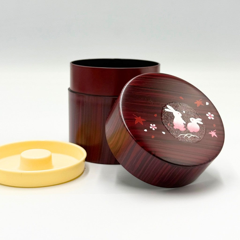 Nakatani Brothers Co. Yamanaka Lacquerware Tea Canister Wood Grain Lucky Rabbit 35-4517 – Handcrafted Japanese Tea Storage Container with Traditional Design.