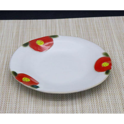 Craftsman House Seto-yaki Ceramic Side Plate 15cm Red Camellia Rustic Kominka Cafe 3pc Japan-made