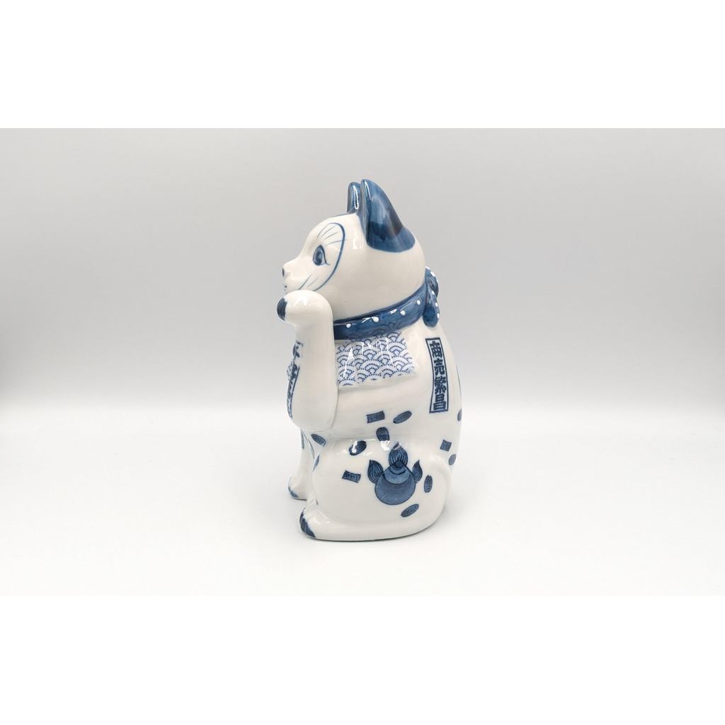 Japanese Seto Ware Blue-and-White Porcelain Maneki Neko Lucky Cat Left Paw Raised Home Decor