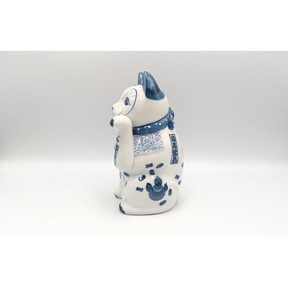 Japanese Seto Ware Blue-and-White Porcelain Maneki Neko Lucky Cat Left Paw Raised Home Decor