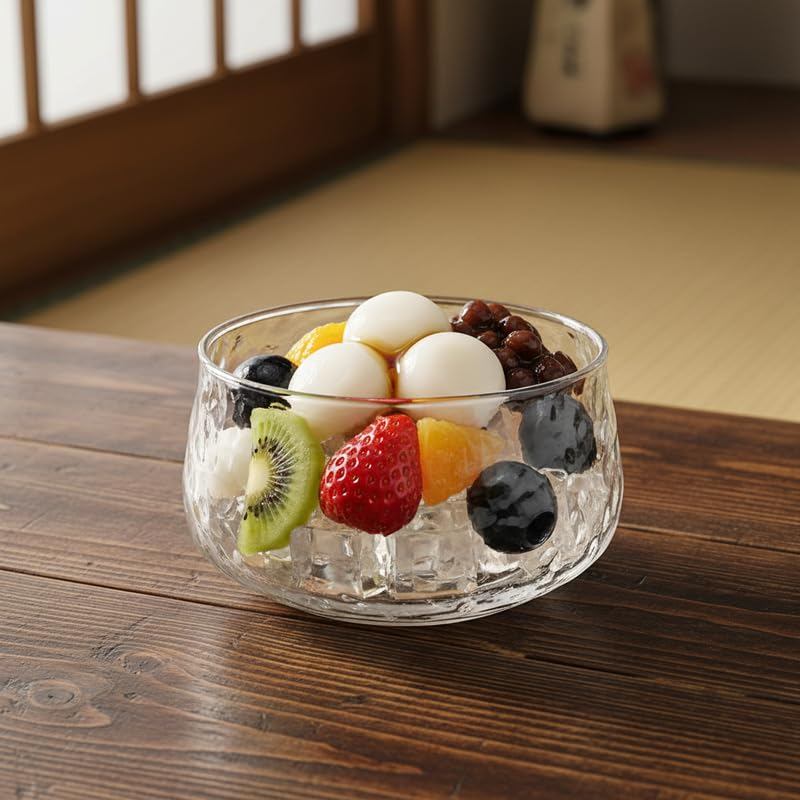 MiniMood 500ml Heat-Resistant Glass Bowl, Clear Ice Crack Textured Dessert Bowl, Japanese Tableware