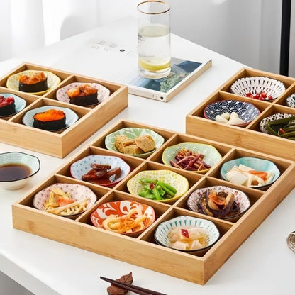 ZanLore Japanese Ceramic Small Plate Set with Bamboo Divided Tray – Lightweight Multi-Purpose Condiment, Soy Sauce & Appetizer Dishes for Home and Restaurant