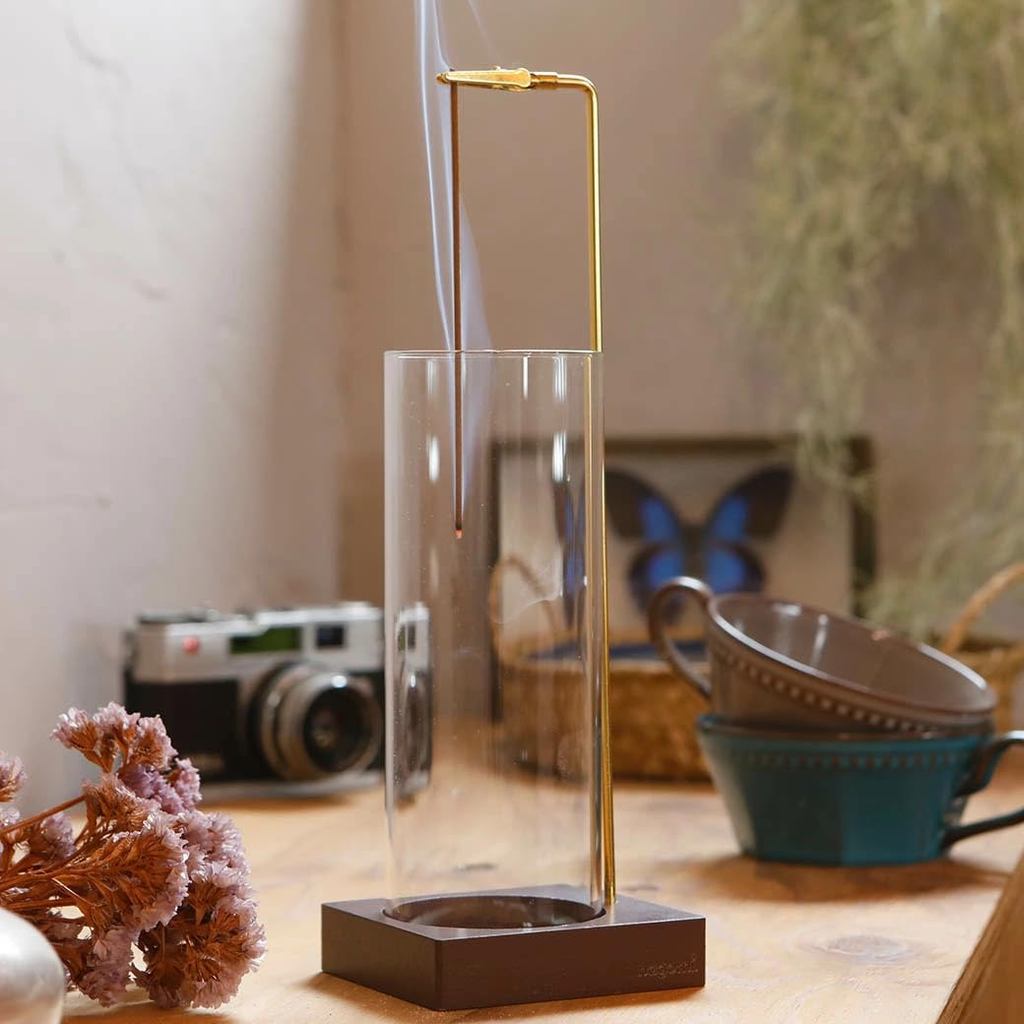 Nagomi Hanging Cylindrical Incense Holder - Stick Incense Stand Floating Ash Spillproof Glass & Wood