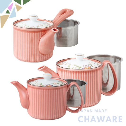 Lightweight Hasami Porcelain Teapot and Pot with Floral Pattern in Red - Super Stainless Steel with Strainer, Made in Ja