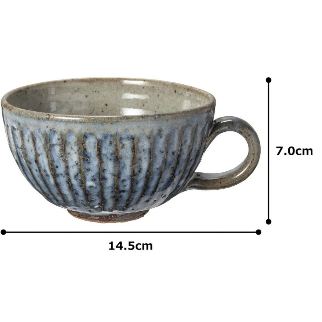Shigaraki Ware Handmade Soup Mug - Blue Hagi and White Glaze 360ml, Coffee Cup Japanese