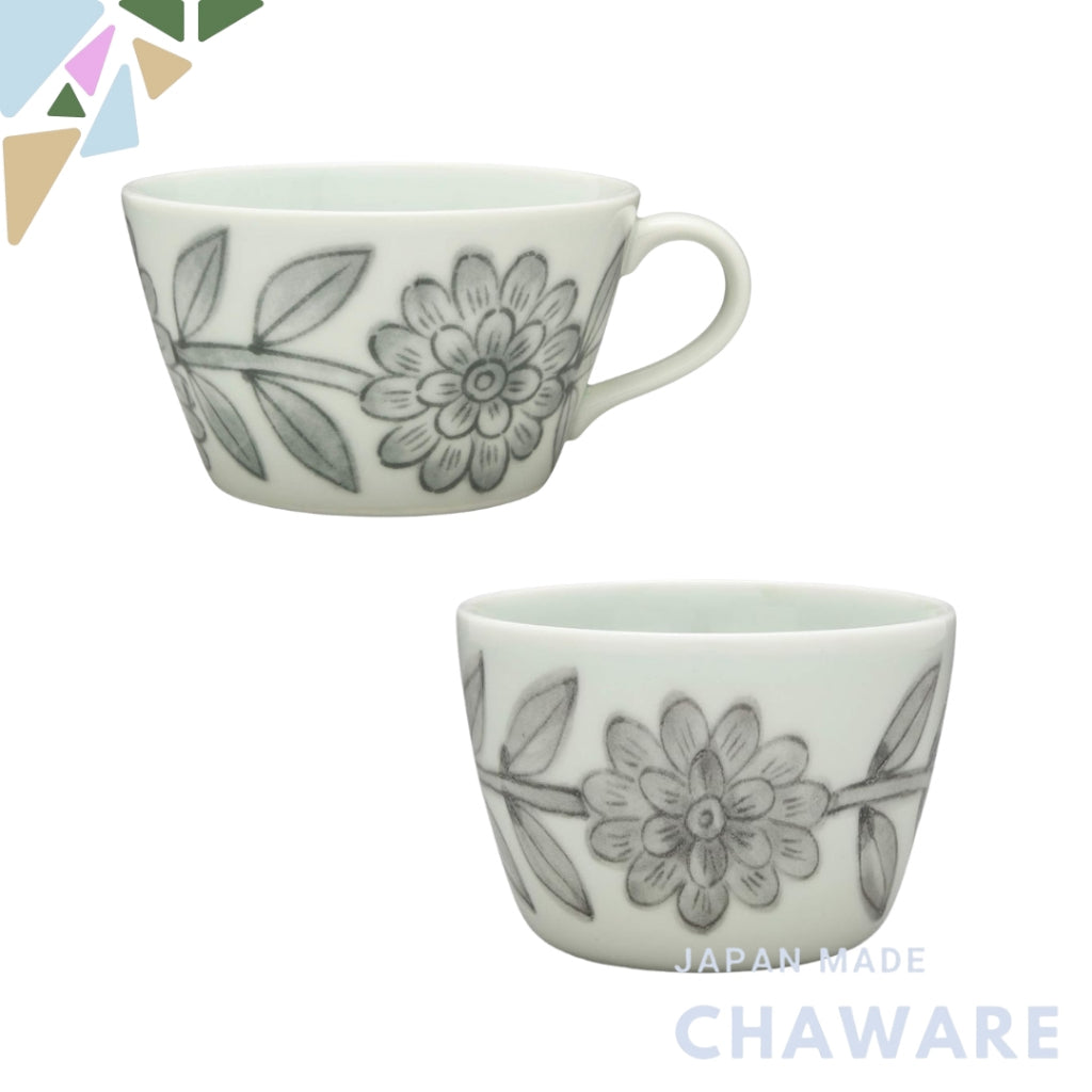 Hasami Porcelain Nishiyama Kiln Daisy Gray Mug and Cup Set - Microwave and Dishwasher Safe