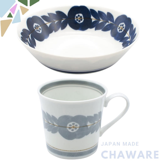 "Aito Blossom Collection - Lightweight Japanese Tableware, Navy Bowl & Grey Mug, Microwave and Dishwasher Safe"