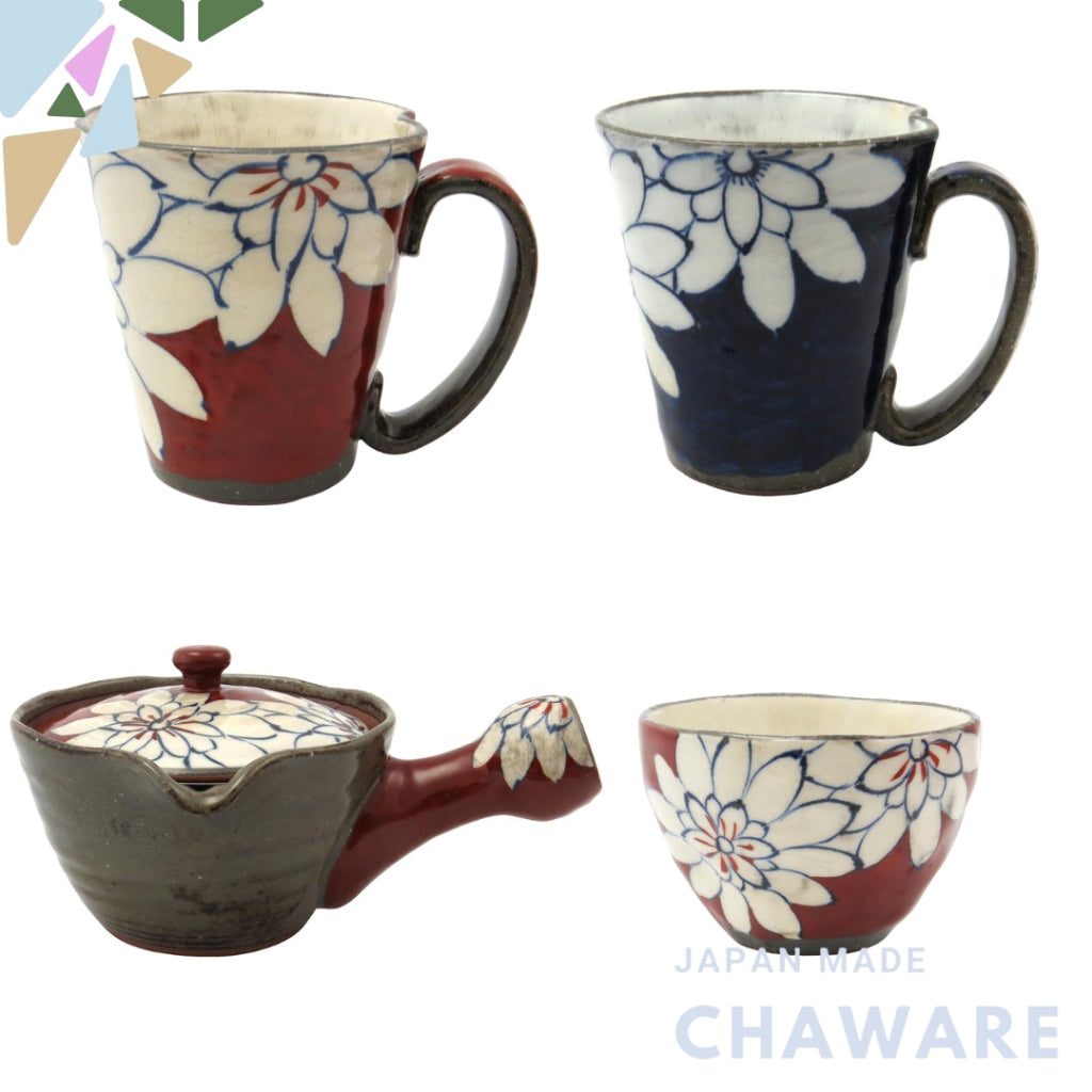 Hasami Porcelain Fukusho Kiln Hand-Painted Dahlia Series Mugs and Teapot