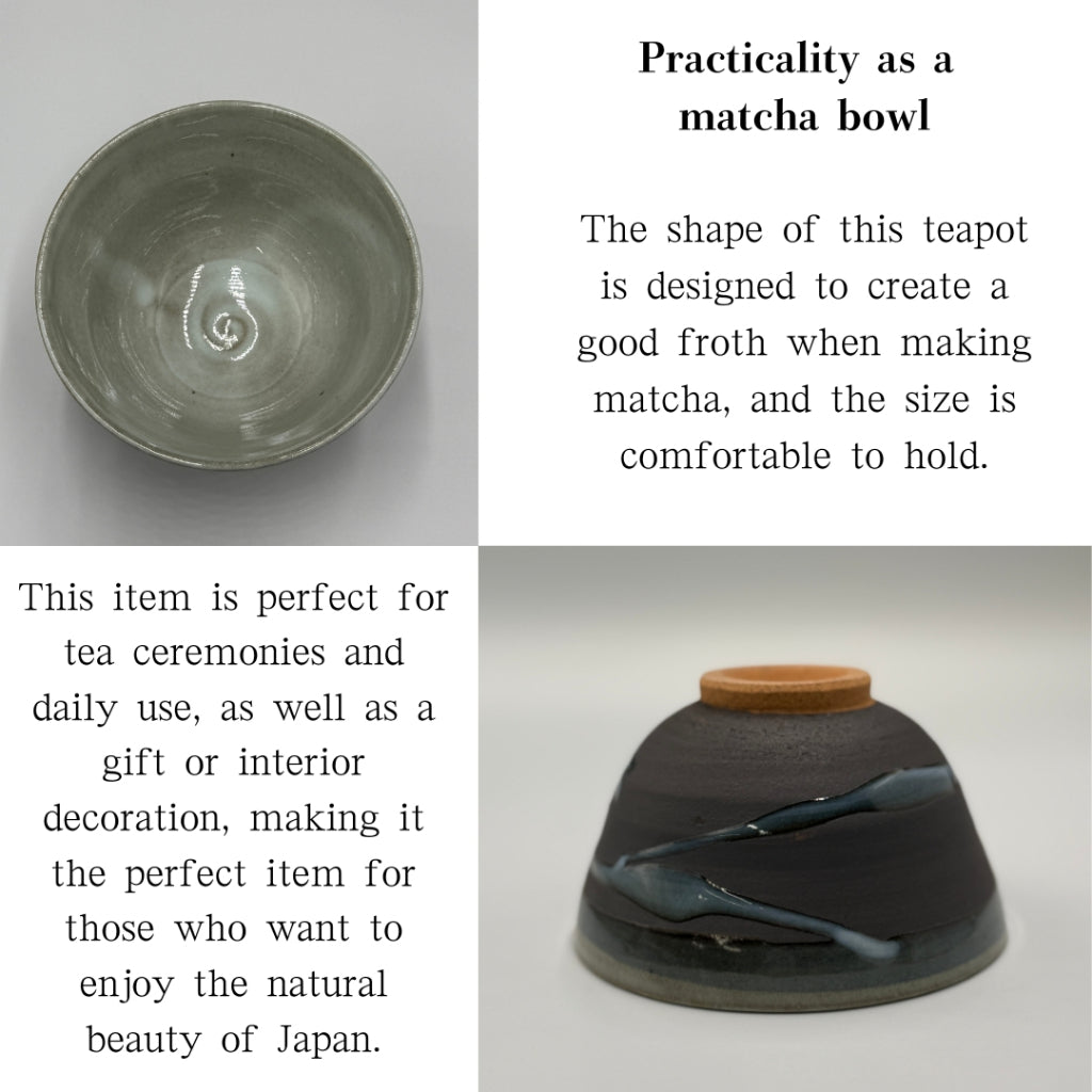 Black glaze blue flow bowl-shaped matcha bowl, Mino ware (Made in Japan) Chawan. Japanese tea bowl