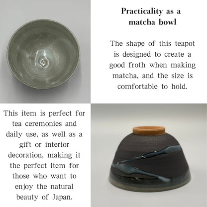 Black glaze blue flow bowl-shaped matcha bowl, Mino ware (Made in Japan) Chawan. Japanese tea bowl