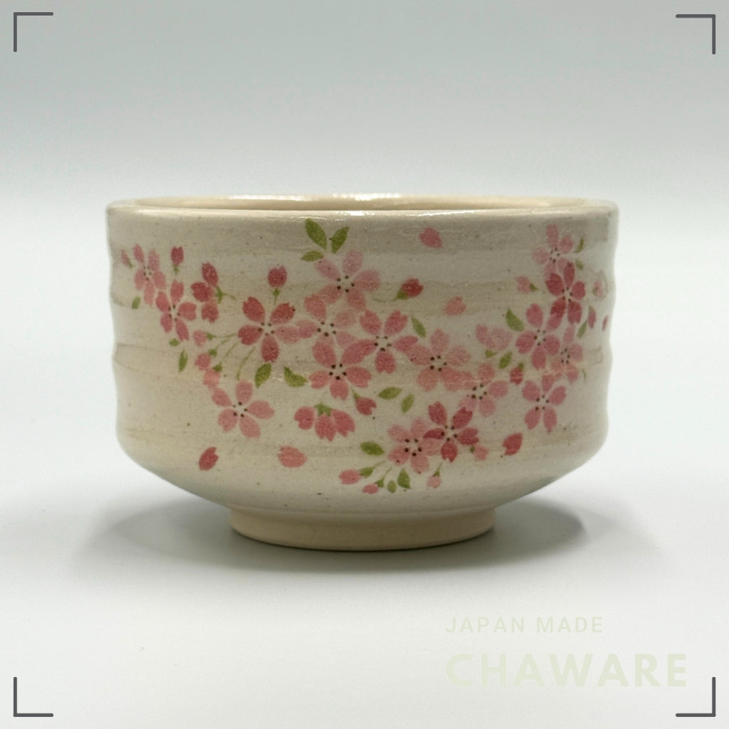 White-decorated pink cherry blossom matcha bowl, Mino ware (made in Japan)chawan