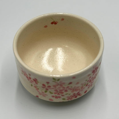 White-decorated pink cherry blossom matcha bowl, Mino ware (made in Japan)chawan