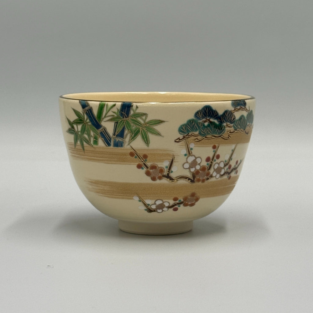 [Kyoto Ware/Kiyomizu Ware] Ninsei Crane, Pine, Bamboo, and Plum <matcha bowl>chawan</matcha>