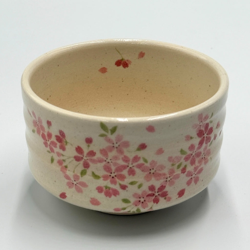 White-decorated pink cherry blossom matcha bowl, Mino ware (made in Japan)chawan