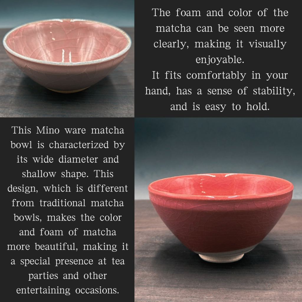 Pink penetration/coral flat matcha bowl Mino ware (made in Japan) Japanese tea cup, traditional crafts