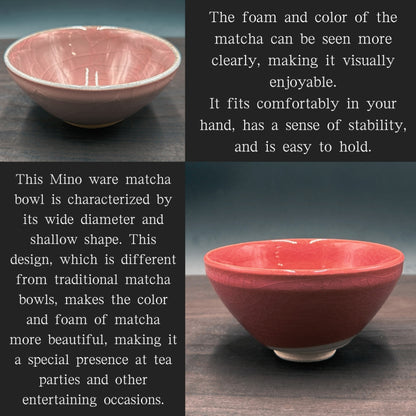 Pink penetration/coral flat matcha bowl Mino ware (made in Japan) Japanese tea cup, traditional crafts