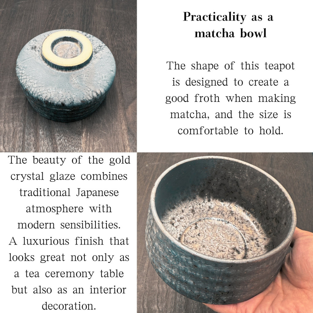 Matcha Bowl Kaneni Kin-Kessho – Japanese Minoyaki Chawan Tea Cup, Gold Crystal Glaze, Made in Japan