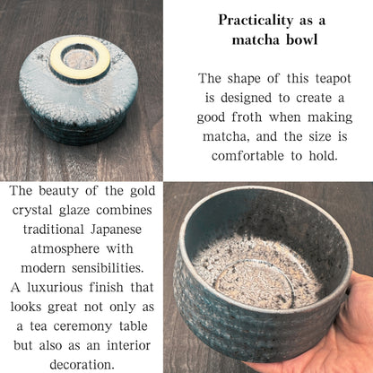 Matcha Bowl Kaneni Kin-Kessho – Japanese Minoyaki Chawan Tea Cup, Gold Crystal Glaze, Made in Japan