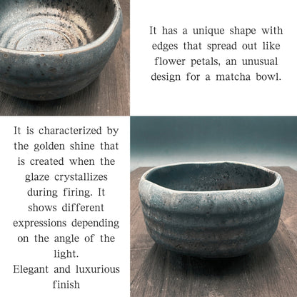 Gold crystal flower-shaped matcha bowl, Mino ware (made in Japan), traditional crafts, matcha chawan