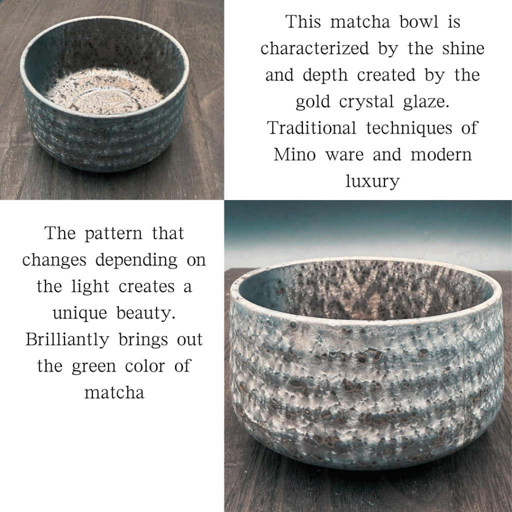 Matcha Bowl Kaneni Kin-Kessho – Japanese Minoyaki Chawan Tea Cup, Gold Crystal Glaze, Made in Japan