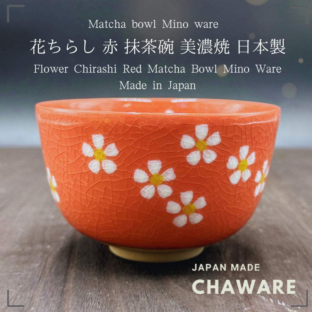 chaware Matcha Bowl Flower Chirashi Red Matcha chawan Mino Ware Made in Japan