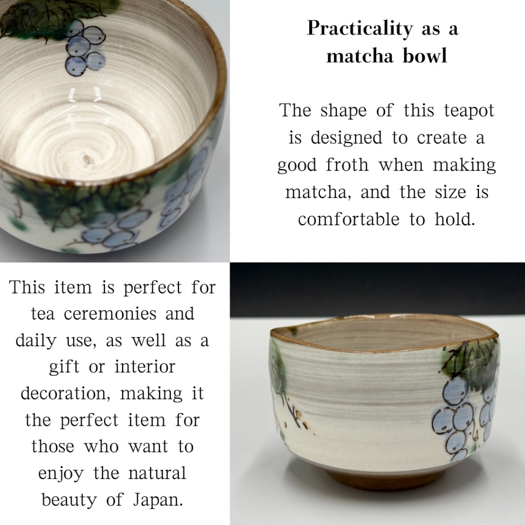 Japanese Mino Ware Matcha Bowl - Grape Design Handmade Tea Ceremony Chawan