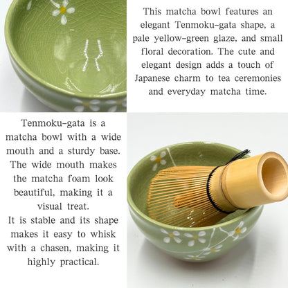 Japanese Mino Ware Small Matcha Bowl - Light Green Flower Tenmoku Shape Handmade Chawan Tea Bowl