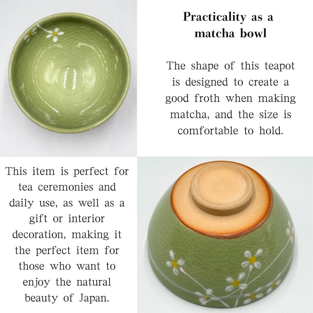 Japanese Mino Ware Small Matcha Bowl - Light Green Flower Tenmoku Shape Handmade Chawan Tea Bowl