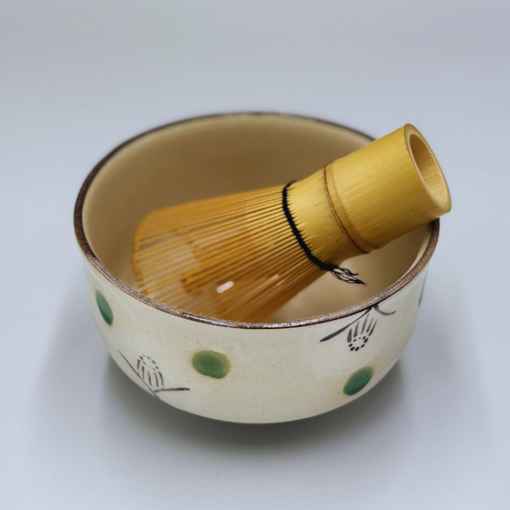 Japanese Setoyaki Matcha Bowl - Sasanqua Camellia Design, Handmade Tea Ceremony Chawan chaware