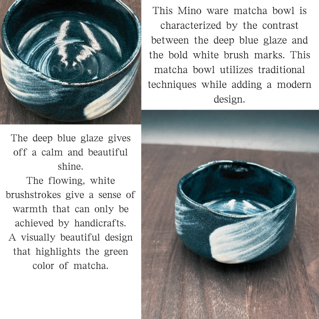 chawan Blue Glaze White Brush Matcha Bowl Mino Ware Made in Japan Matcha Chawan