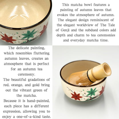 Japanese Minoyaki Matcha Bowl - Momiji Maple Leaves Genji Design Handmade Tea Ceremony Chawan