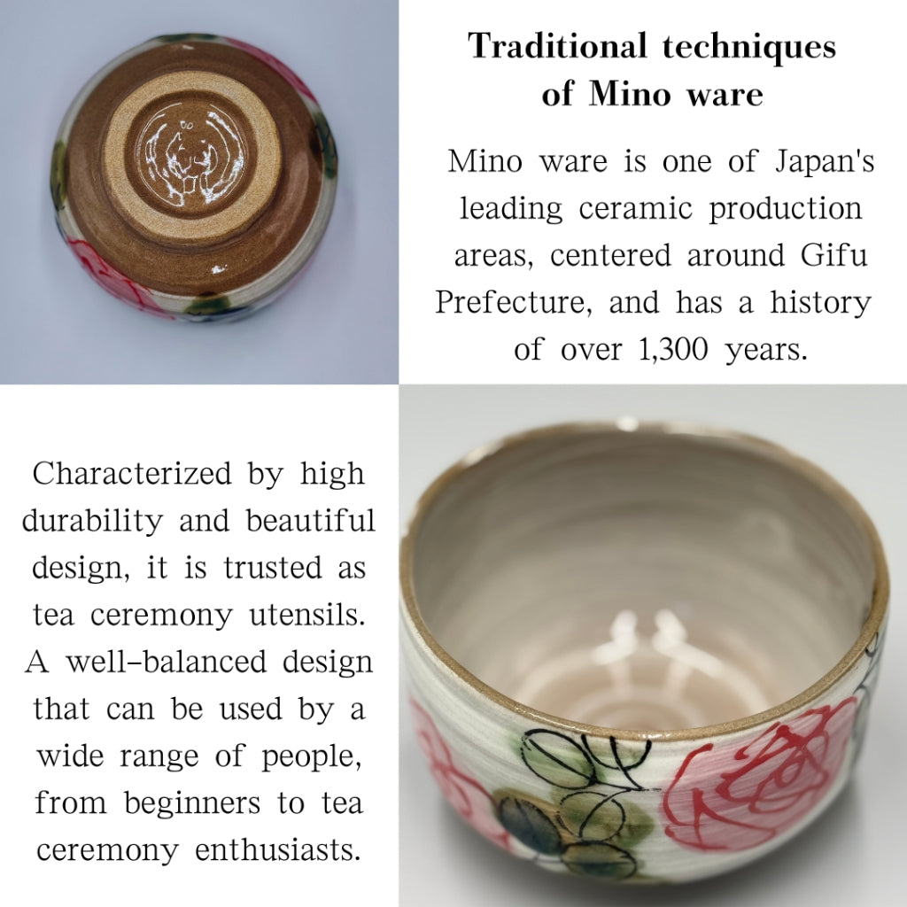 Japanese Minoyaki Matcha Bowl - Red Rose Garden Design Handmade Tea Ceremony Chawan
