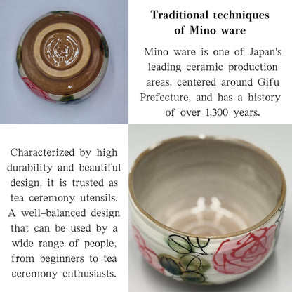 Japanese Minoyaki Matcha Bowl - Red Rose Garden Design Handmade Tea Ceremony Chawan