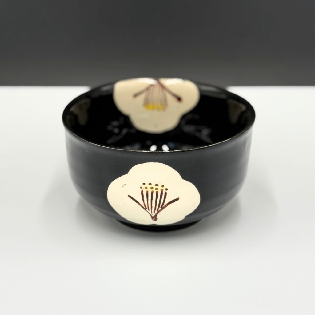 Japanese Setoyaki Matcha Bowl - Black Tsubaki Design, Handmade Tea Ceremony Chawan chaware