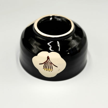 Japanese Setoyaki Matcha Bowl - Black Tsubaki Design, Handmade Tea Ceremony Chawan chaware