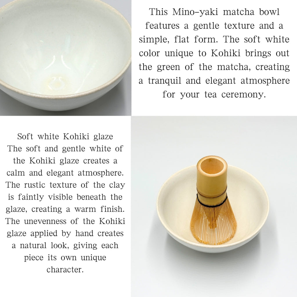 Handmade Mino Ware Matcha Bowl - White Powder Glaze, Flat Shape, Made in Japan Chawan
