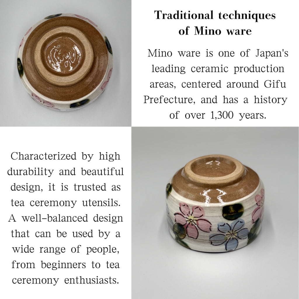 Japanese Minoyaki Matcha Bowl - Blue Sakura Blizzard Design Handmade Tea Ceremony Chawan chaware