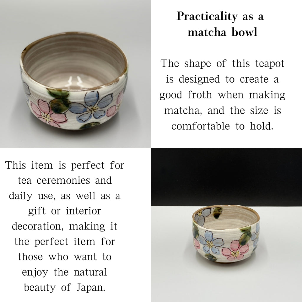 Japanese Minoyaki Matcha Bowl - Blue Sakura Blizzard Design Handmade Tea Ceremony Chawan chaware
