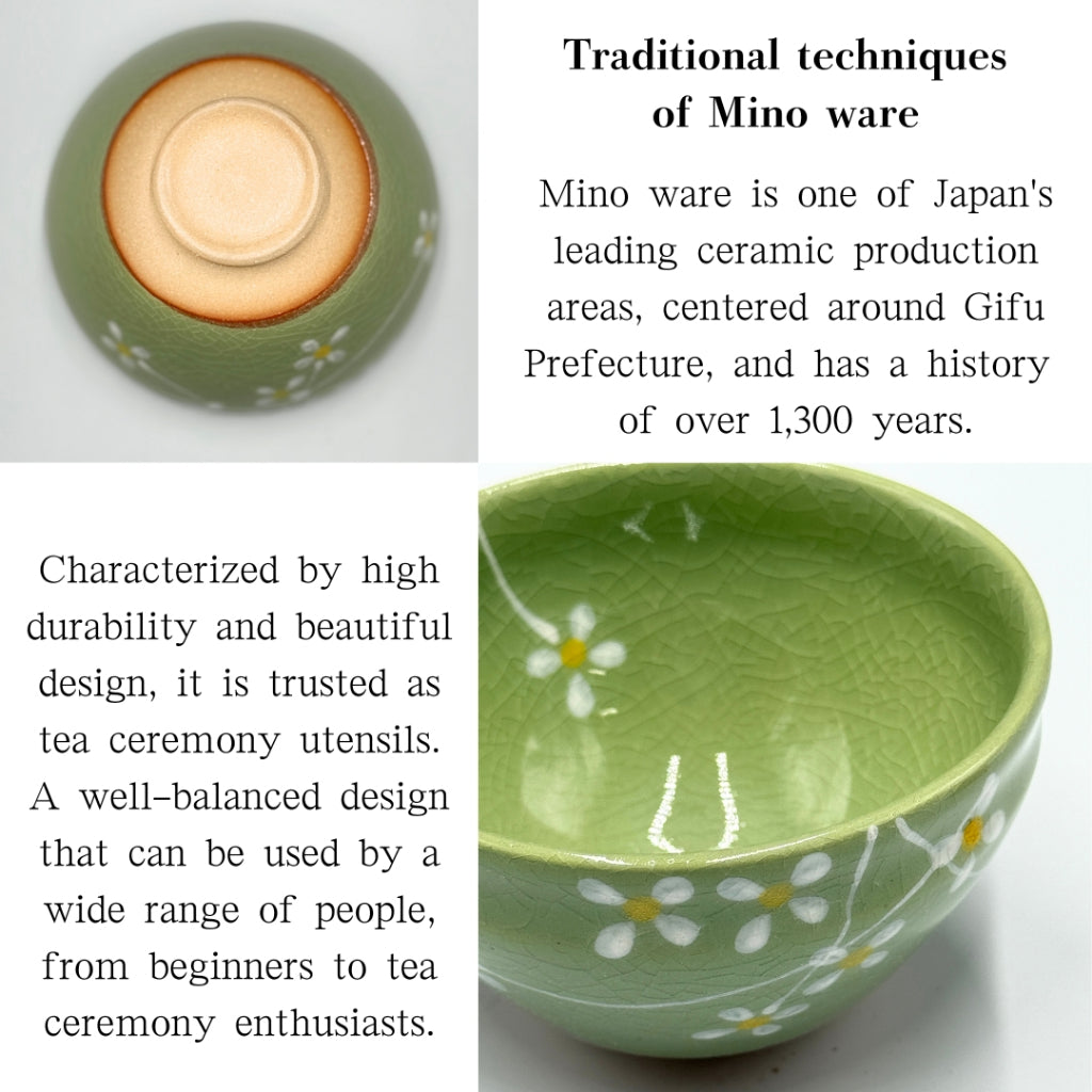 Japanese Mino Ware Small Matcha Bowl - Light Green Flower Tenmoku Shape Handmade Chawan Tea Bowl