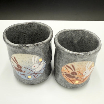 Japanese traditional crafts [Kutani ware] Pair of Teacups, Moon Rabbit Design, Chawan